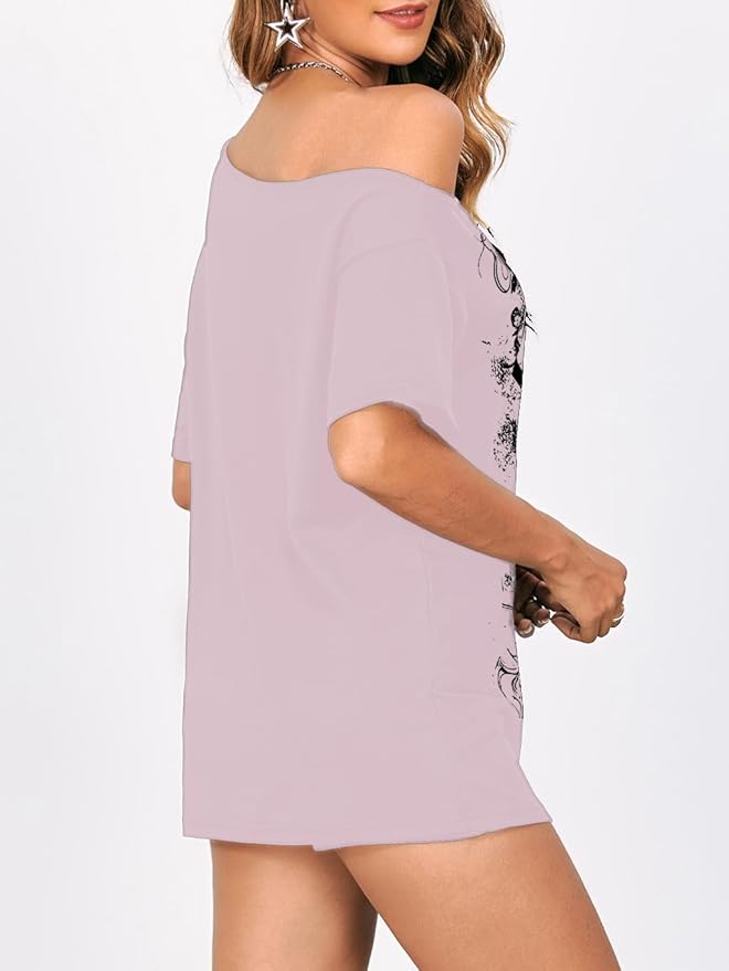 SOLY HUX Women's Off The Shoulder Tops Graphic Tees Y2k Vintage Gothic Oversized T Shirts Streetwear