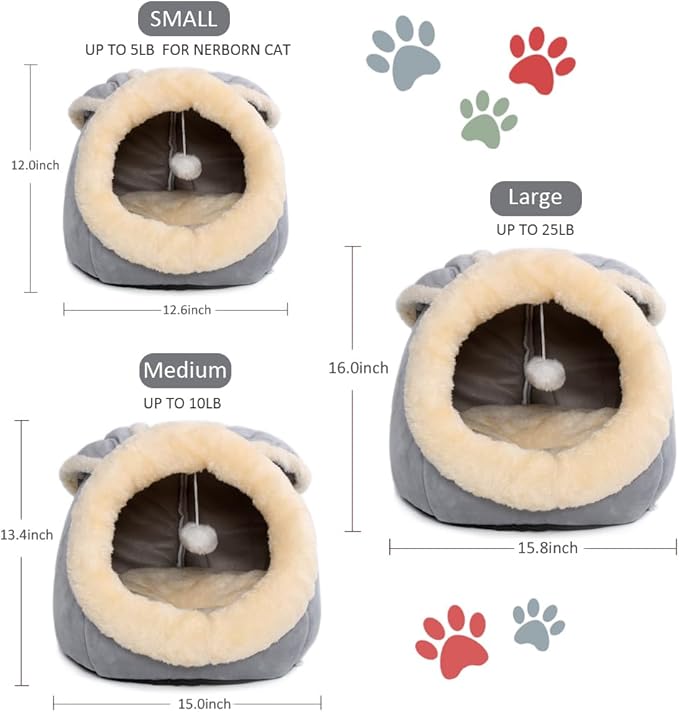 Cat Beds for Indoor Cats - Rabbit-shaped Cat Cave Bed with Hanging Toy,Super Soft Calming Pet Bed for Kitten&puppy,Small Dog,Warm Plush&Machine Washable&Removable Cotton Pad,Cat Hideaway(Grey L)