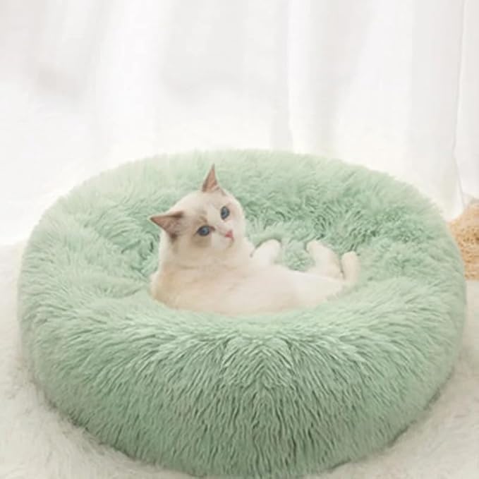 Cat Beds for Indoor Cats - Cat Bed Washable 24 inches, Dog Beds for Small Medium Dogs, Anti Anxiety Round Fluffy Plush Faux Fur Cat Bed, Thick Bottom (Green, Large)