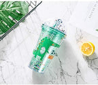 Dinosaur Cups with straw Travel Tumblers Water Bottle Ice Coffee Mugs Plastic Party Cup Birthday Gift (green dinosaur, 6.5 * 20 cm)