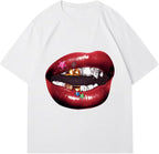 Verdusa Women's Lips Print Graphic Tees Y2k T Shirts Summer Crew Neck Vintage Going Out Tops