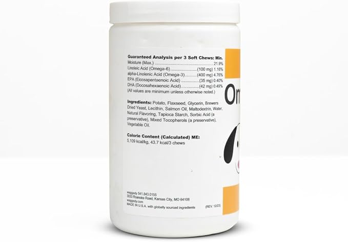 waggedy Omega Max Chews for Dogs with Salmon Oil & Flaxseed — Dog Essentials for Shiny Coats & Healthy Skin — Dog Supplements & Vitamins (60 Chews)