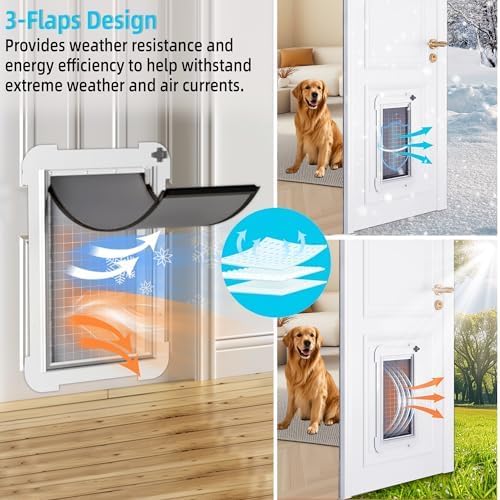 3-Flaps Steel Cat Door for Exterior Doors with Sliding Lock Panel, Extreme Weather Pet Door for Cats, Small Kitty Doggie Door, Insulated Dog Doors for Door, Telescoping Tunnel (Pets Up to 12 Lb)
