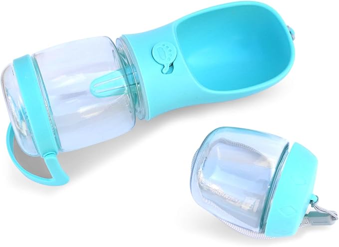 Dog Water Bottle with Food Container Holder, Travel Puppy Drinking Bowl, Portable Pet Water Dispenser, Patented Design, Food Grade Plastic 12 oz Water Bottle+100g Snack cans