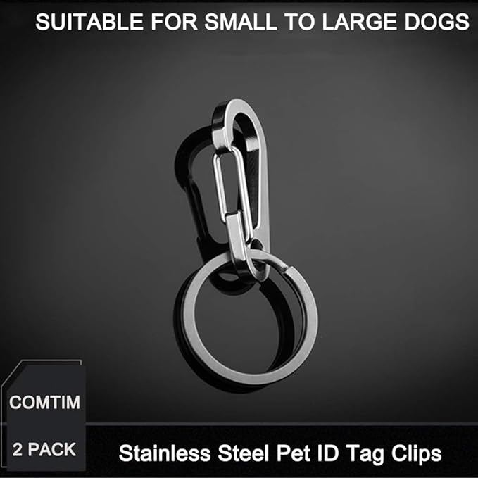 COMTIM 2 Pack Dog Tag Clips, Stainless Steel Heavy Duty Quick Clips Pet ID Tag Holder for Dog/Cat Collar and Harness