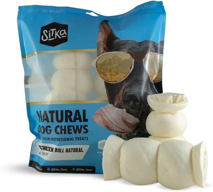 Sitka Farms Beef Cheek ROLL Natural 5-6 Inch (4 Count) Extra Thick Dog Chew Bones No Rawhide Sourced from Free Range Grass Fed/Healthy Teeth and Gums for Small Medium and Large Dogs