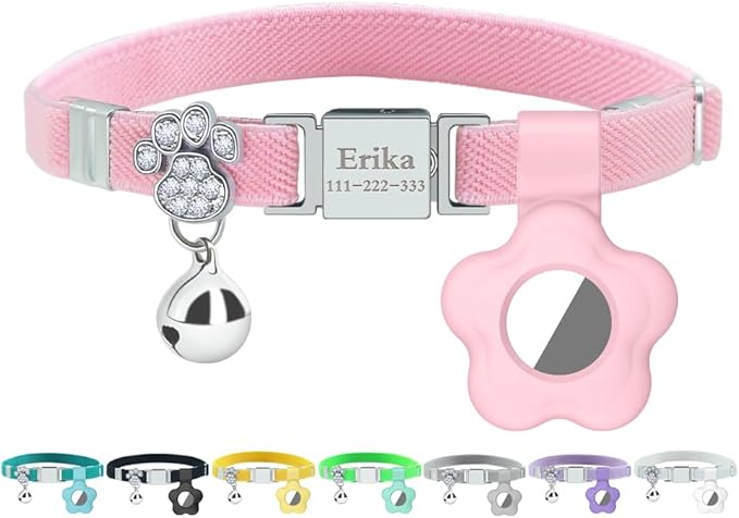 Personalized Safety Elastic Cat Collars with Bell Soft Silicone Cover for Air Tag,Laser Customized Stretch Kitten Collars for Girls Boys Cats (Pink)