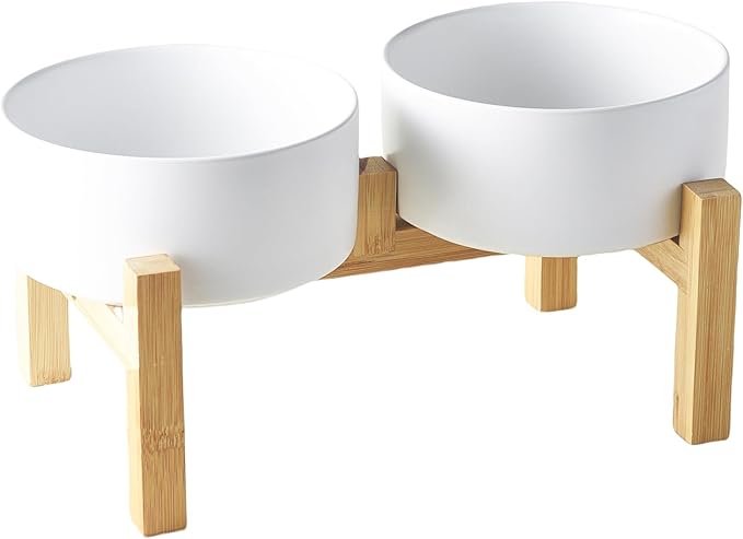 Raised Ceramic Dog Bowl Set - Elevated Dog Bowls with Non Slip Bamboo Stand, Food and Water Bowl Set for Small and Medium Breed Dogs, Pet Bowls, Weighted Dogs Dishes (6'', 2 * 30OZ, White)