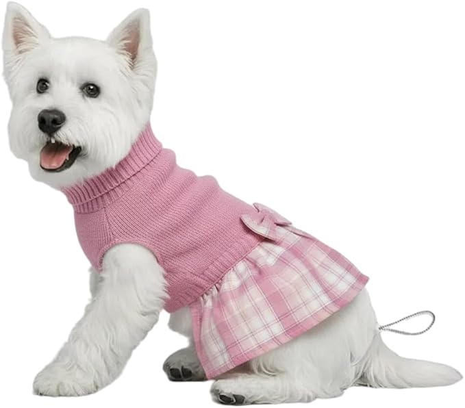 Lanyarco Pink Knitted Dog Sweater Dress, Dog Sweaters for Small Dogs Girl, Maltese Cat Apparel, Small (S)
