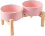 Raised Ceramic Dog Bowl Set - Elevated Dog Bowls with Non Slip Bamboo Stand, Food and Water Bowl Set for Small and Medium Breed Dogs, Pet Bowls, Weighted Dogs Dishes (6'', 2 * 30OZ, Pink)