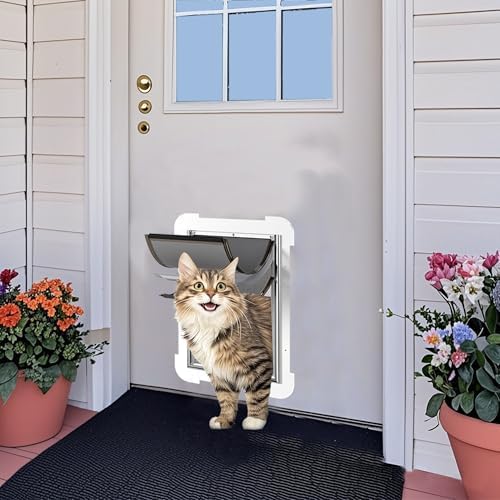 3-Flaps Steel Cat Door for Exterior Doors with Sliding Lock Panel, Extreme Weather Pet Door for Cats, Small Kitty Doggie Door, Insulated Dog Doors for Door, Telescoping Tunnel (Pets Up to 12 Lb)