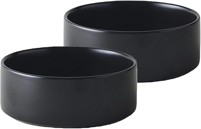 Ceramic Set of 2 Dog and Cat Bowls - Classic Food & Water Bowl for Kitty, Cats and Toy Breed Dogs, Weighted Dog Dishes, Food Grade Pet Bowl, Dishwasher & Microwave Safe (5.1'', 2*16OZ, Black)