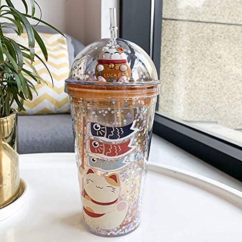 Lucky Cat Cups with Straw Kitten Party Cup Travel Tumblers Adults Ice Coffee Mugs Women Reusable Plastic Water Bottle Birthday Gift (orange cat, 6.5 * 20 cm)