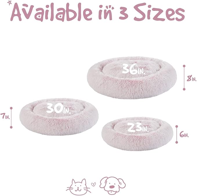 Friends Forever Donut Dog Bed Faux Fur Fluffy Calming Sofa For Small Dogs, Soft & Plush Anti Anxiety Pet Couch For Dogs, Machine Washable Coco Pet Bed with Non-Slip Bottom, 23"x23"x6" Pink