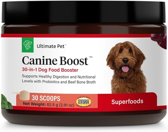 Ultimate Pet Nutrition Canine Boost, 30-in-1 Natural Grain Free Dog Food Booster Topper with Vitamins, Amino Acids, Probiotics, and Digestive Enzymes for Dog Health