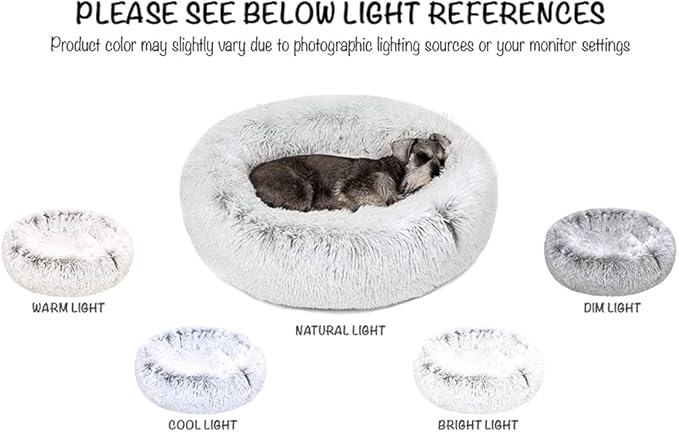 Friends Forever Donut Dog Bed Faux Fur Fluffy Calming Sofa For Large Dogs, Soft & Plush Anti Anxiety Pet Couch For Dogs, Machine Washable Coco Pet Bed with Non-Slip Bottom, 36"x36"x8" Ivory