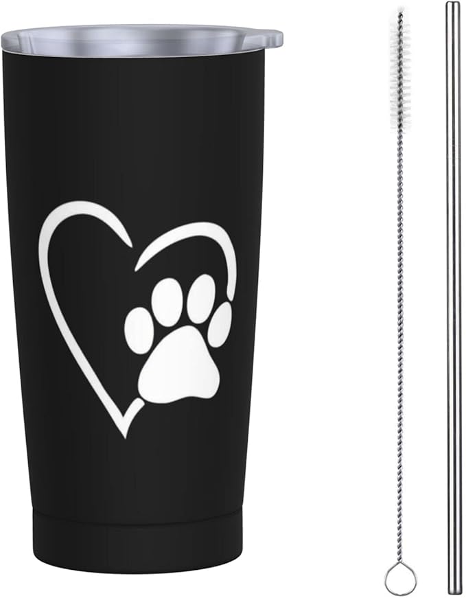 Dujiea 20oz Tumbler With Lid And Straw, Dog Pet Paws Love Heart Vacuum Insulated Iced Coffee Mug Reusable Travel Cup Stainless Steel Water Bottle