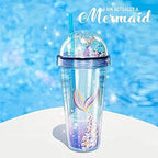 Mermaid Travel Tumblers Cups with Straw Party Cup Sparkle Water Bottle Ice Coffee Mugs Birthday Gift (mermaid 2, 420 ml)