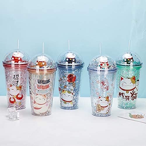 Lucky Cat Drinking Cups with Straw Kitten Party Cup Travel Tumblers Ice Coffee Mugs Women Reusable Plastic Water Bottle Birthday Gift (white cat, 6.5 * 20 cm)