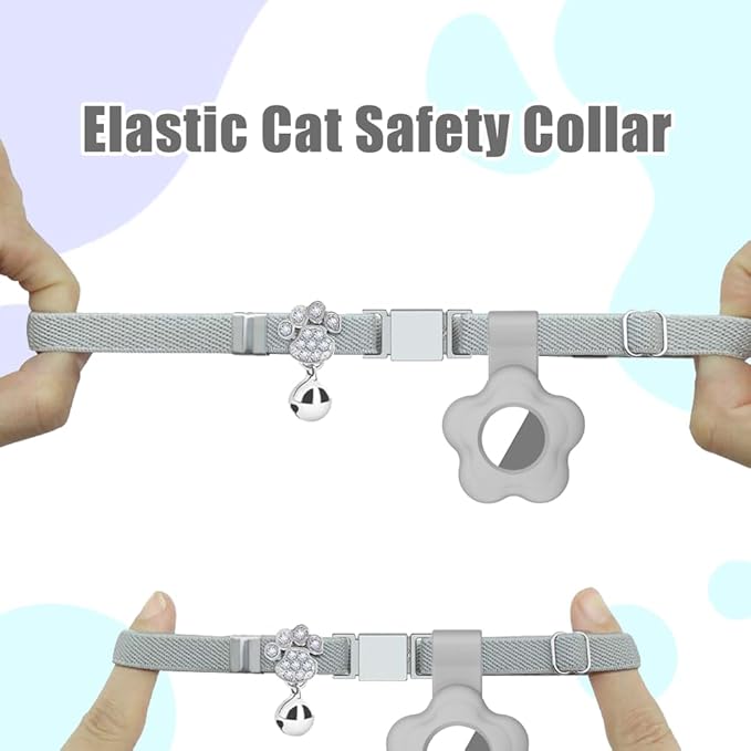 Personalized Safety Elastic Cat Collars with Bell Soft Silicone Cover for Air Tag,Laser Customized Stretch Kitten Collars for Girls Boys Cats (Grey)