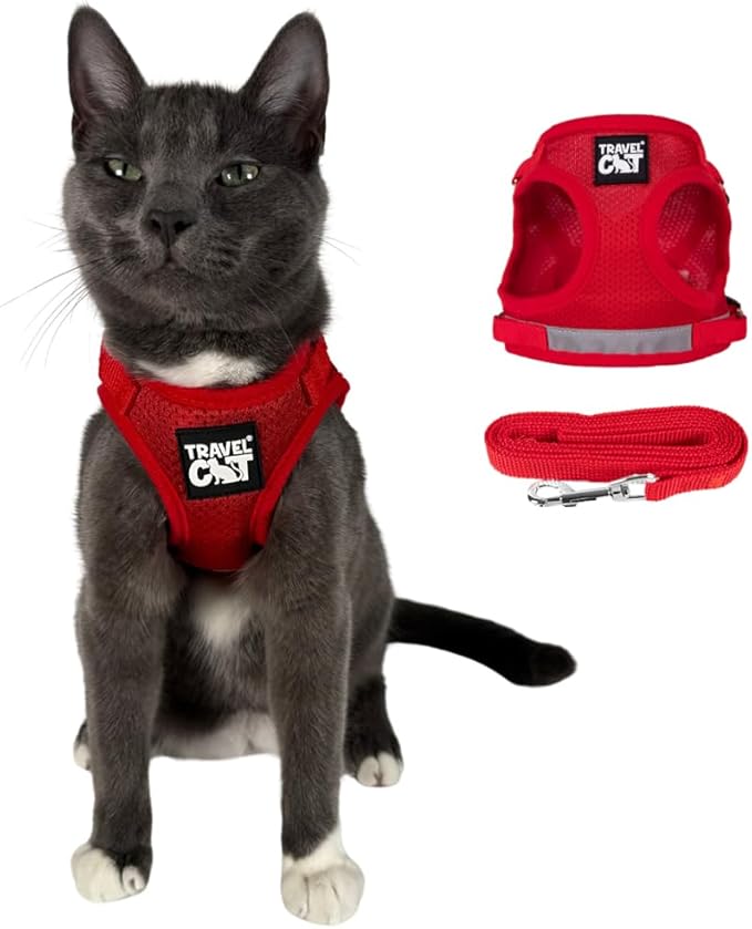 Travel Cat Harness and Leash Set - Adjustable Fit Mesh Cat Harness and Reflective Strap - Comfort Walking Vest for Kitten for Outdoor Walking, Hiking (Large, Red)