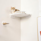 Cat Wall Shelves - 3 Steps Scratch Post & Hammock Bed, Corner Cat Furniture with Plush Covered Climbing Shelf for Indoor Cats (White)