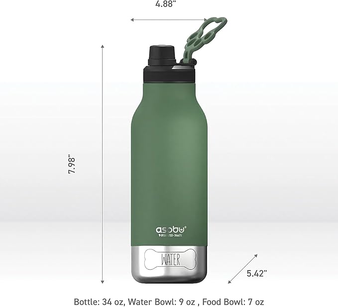Asobu Dog Barky Bottle – Insulated Stainless Steel Water Bottle with 2 Removable Dog Bowls for Food, Treats & Water – Pet-Friendly Travel Bottle for Hiking, Road Trips & Outdoor Adventures
