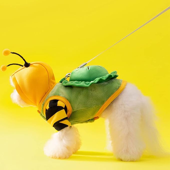 2 PCS Funny Warm Small Dog Clothes Halloween Pet Bee Costume Winter Puppy Hoodies and Vest Sets Flannel Jacket with D-Ring for Cats Dogs (Green, Large)
