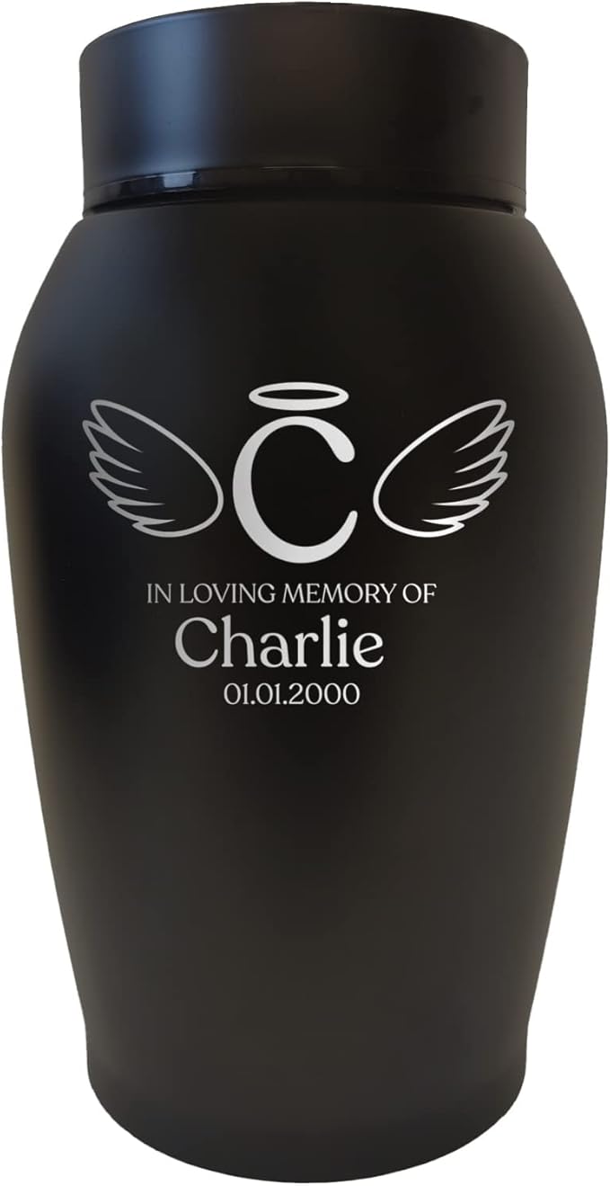 Personalized Custom Small Keepsake Urn Engraved with Pet Name, Date and Cat Design - 5.2" Black Powder Coated Steel Cremation Urn for Cat Ashes | 12-16 lb Capacity, Letters with Angel Wings and Halo