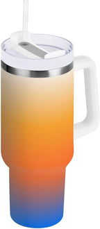 Boccsty Color Gradient Orange Blue Insulated Tumblers Reusable Stainless Steel Tumbler 30 oz Cup Coffee Travel Mug Water Bottle with Handle & Flip Straw for Home Office Car
