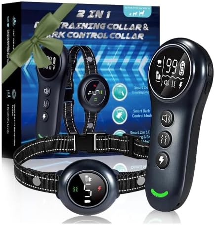 2-in-1 Dog Shock Collar & Dog Bark Collar - Rechargeable Dog Training Collar with Remote Control for 5-150 lbs, Dog Collars 5 Sensitivity Levels, IP67 Waterproof for Large Medium Small Dogs