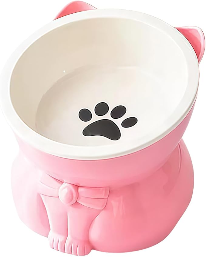 Ceramic Raised Cat Bowl - 5 Inch Tilted Design for Indoor Cats, Anti-Vomiting & Whisker Fatigue Relief, Non-Slip Base, Pink