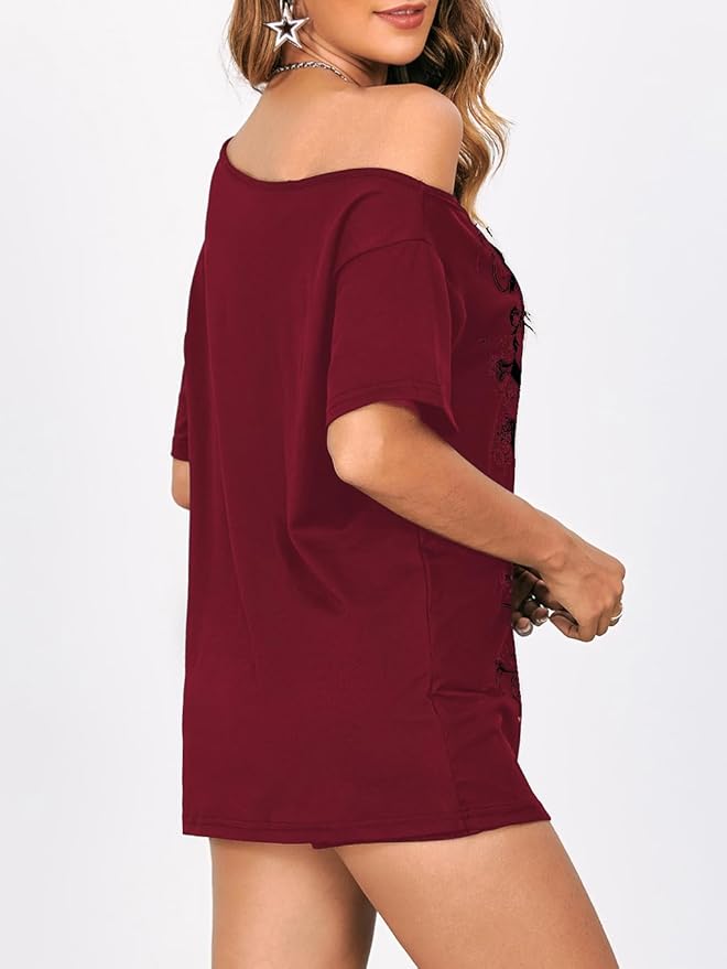 SOLY HUX Women's Off The Shoulder Tops Graphic Tees Y2k Vintage Gothic Oversized T Shirts Streetwear