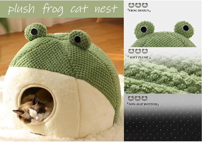 Cute Frog Cat Bed with Removable Cushion Pillow, Fluffy Frogs Style Cat Cave House Green, Sleeping Bag Pet Tent for Cats and Small Dogs