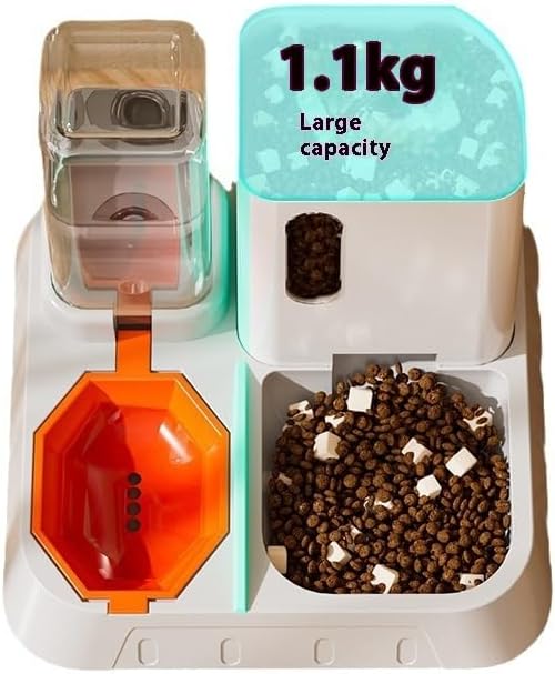 2-in-1 Automatic Pet Food and Water Dispenser, Cat Feeding Station with Storage Container, White and Orange