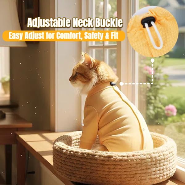 T'CHAQUE Cat Surgery Recovery Suit, Anti-Licking Onesie for Post-Spay/Neuter Abdominal Wound, Cat Recovery Suit with Adjustable Drawstring Collar - Long Sleeve Kitten Surgical Onesie, Orange, M