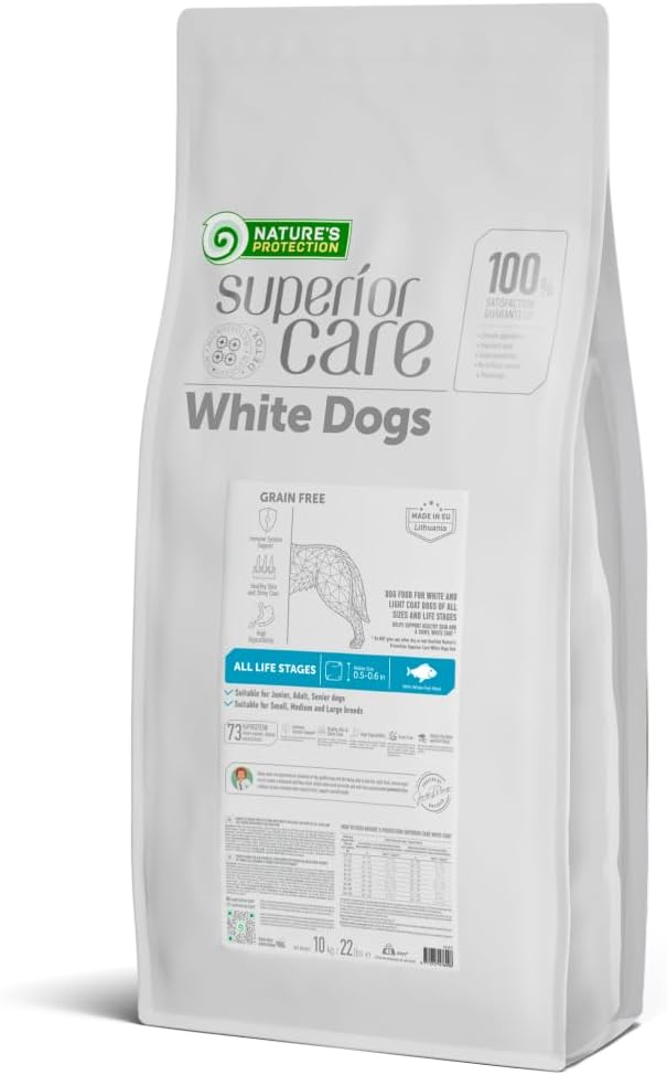 Nature's Protection Superior Care White Dogs Grain-Free Dry Dog Food - High Protein, Tear Stain Dog Food for All Breeds Light Coated All Life Stages Dogs, Fresh Pet Meal, White Fish, 22 lb