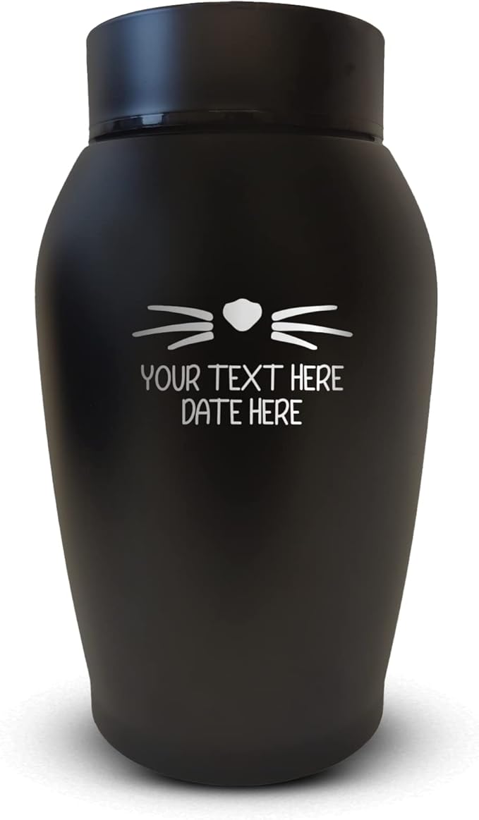 Personalized Custom Small Keepsake Urn Engraved with Pet Name, Date and Cat Design - 5.2" Black Powder Coated Steel Cremation Urn for Cat Ashes - Airtight Closure | 12-16 lb Capacity, Cat Whiskers