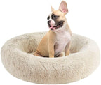 Friends Forever Serena Donut Memory Foam Orthopedic Dog Bed, Soft Faux Fur Oval Cat Couch For Indoor Pet, Fluffy Calming Plush Shag, Round Raised Bolster Cushion, Machine Washable Cuddler, Tan
