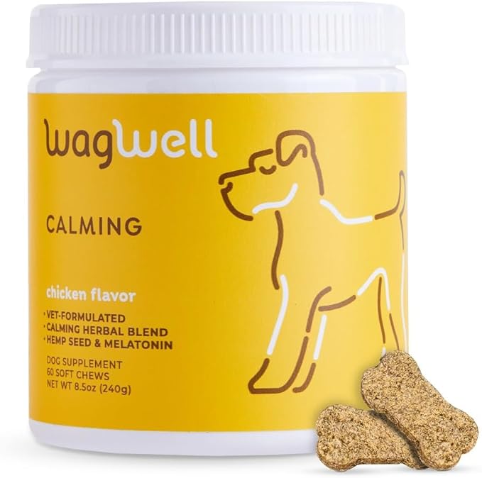 WagWell Dog Calming Chews – Vet-formulated, All Natural, Made in The USA – Anxiety Relief for Dogs, Supports Emotional Balance in Stressful Situations – Chicken-Flavored, 60 Chews