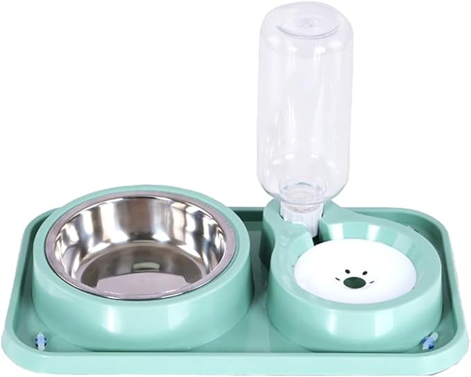 Dog Bowls, Non-Slip Puppy Cat Food and Water Bowl Set with Water Dispenser and Stainless Steel Bowl Detachable Gravity Pet Feeder and Waterer Set for Cats Dogs Puppy Rabbit (Green, 500ML)