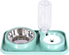 Dog Bowls, Non-Slip Puppy Cat Food and Water Bowl Set with Water Dispenser and Stainless Steel Bowl Detachable Gravity Pet Feeder and Waterer Set for Cats Dogs Puppy Rabbit (Green, 500ML)