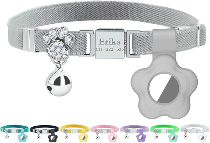 Personalized Safety Elastic Cat Collars with Bell Soft Silicone Cover for Air Tag,Laser Customized Stretch Kitten Collars for Girls Boys Cats (Grey)