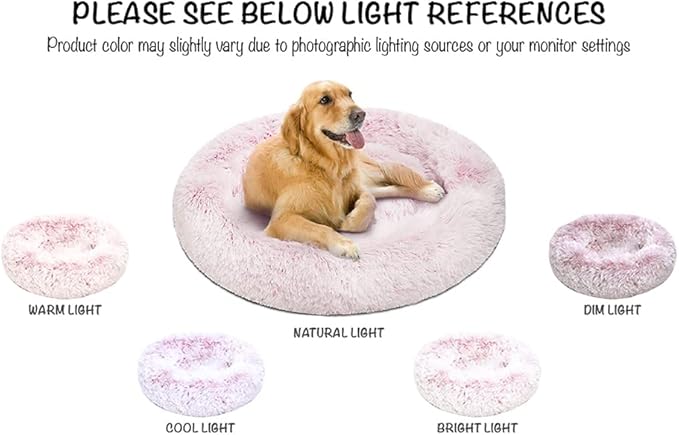 Friends Forever Donut Dog Bed Faux Fur Fluffy Calming Sofa For Large Dogs, Soft & Plush Anti Anxiety Pet Couch For Dogs, Machine Washable Coco Pet Bed with Non-Slip Bottom, 36"x36"x8" Pink