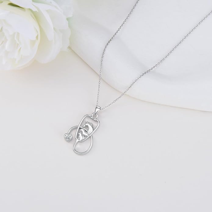 Birthstone Veterinary Stethoscope Necklace 925 Sterling Silver Nurse Vet Pendant with Dog Paw Nurse Jewelry Gifts for Veterinarian Nurse Women Veterinarian Gifts