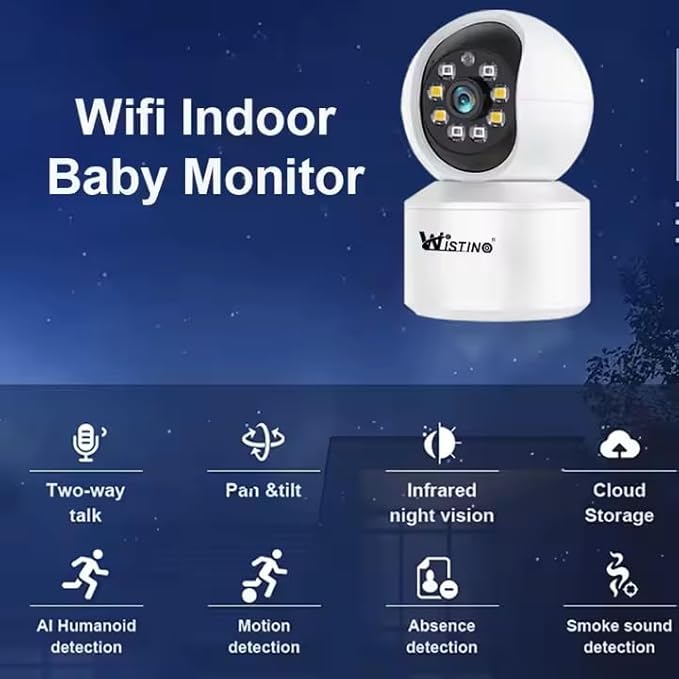 Wistino 3mp Indoor WiFi Security Camera w/Phone App, Color Picture, Night & Infrared Vision, Motion/Human Detection, Two Way Audio, Spotlight, Alarm/Siren, Recording Ablity, Cloud Storage