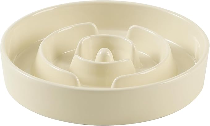 8.2inch Ceramic Slow Feeder Dog Bowl for Medium and Large Breed, Puzzle Dog Food Dish, Anti-Gulping, Pet Slow Feeder, Stop Bloat, Preventing Choking (Single Bowl-Beige)