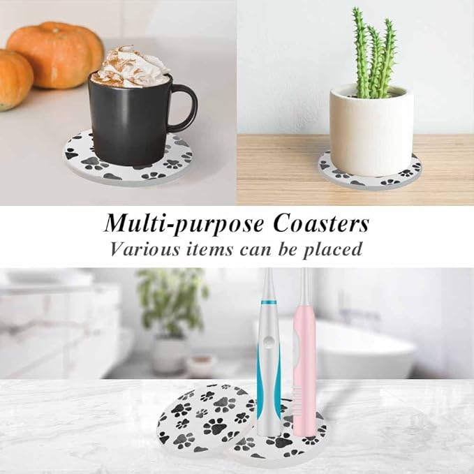 oFloral Dog Paws Cute Coasters for Drinks Animal Grey Footprints Cups Place Mats for Home Decor Set of 2, 4 Inch