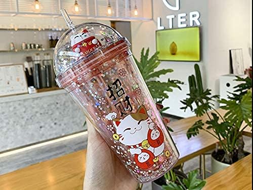 Lucky Cat Cups with Straw Paty Kitten Travel Drinking Tumblers Plastic Water Bottle Birthday Gift (red cat, 6.5 * 20 cm)