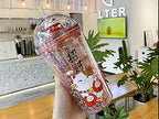 Lucky Cat Cups with Straw Paty Kitten Travel Drinking Tumblers Plastic Water Bottle Birthday Gift (red cat, 6.5 * 20 cm)